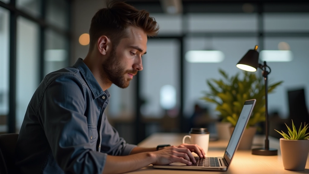 Developer werkt aan HTML markup van voettekst met semantische tags en accessibility attributes